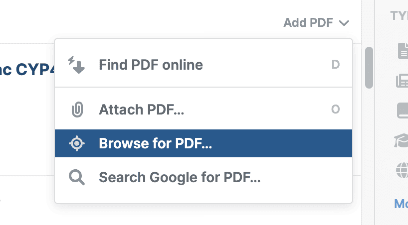 The “Add PDF” menu open on a reference with “Browse for PDF…” highlighted, above “Search Google for PDF…” and below “Find PDF online” and “Attach PDF…”, each with a keyboard shortcut.